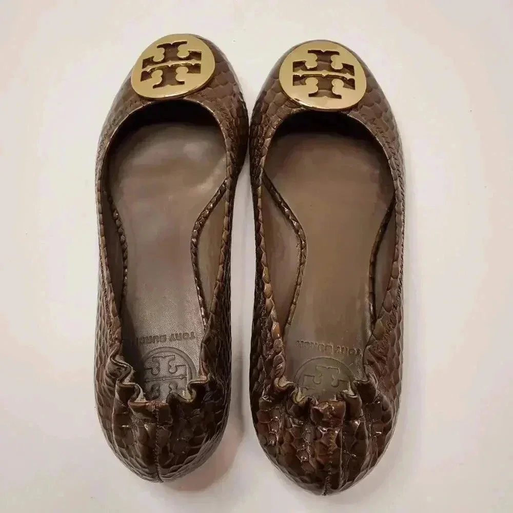 TORY BURCH Reva Ballet Flats Brown Snakeskin Print Leather w/ Gold Logo SIZE 7